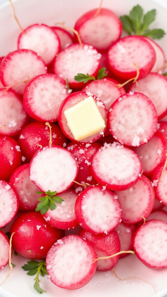 Fresh radishes halved with a pat of butter and sprinkled with sea salt