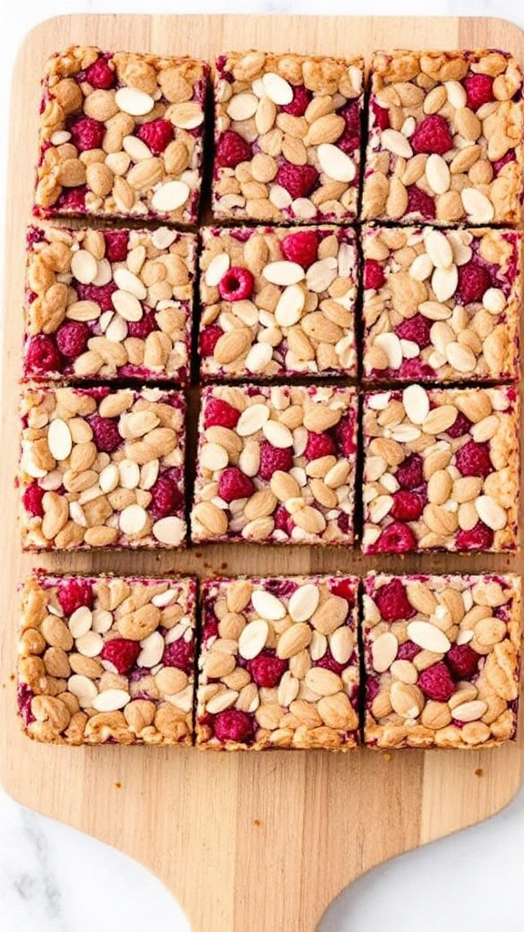 A wooden board with cut squares of raspberry almond bars topped with almonds and raspberries.