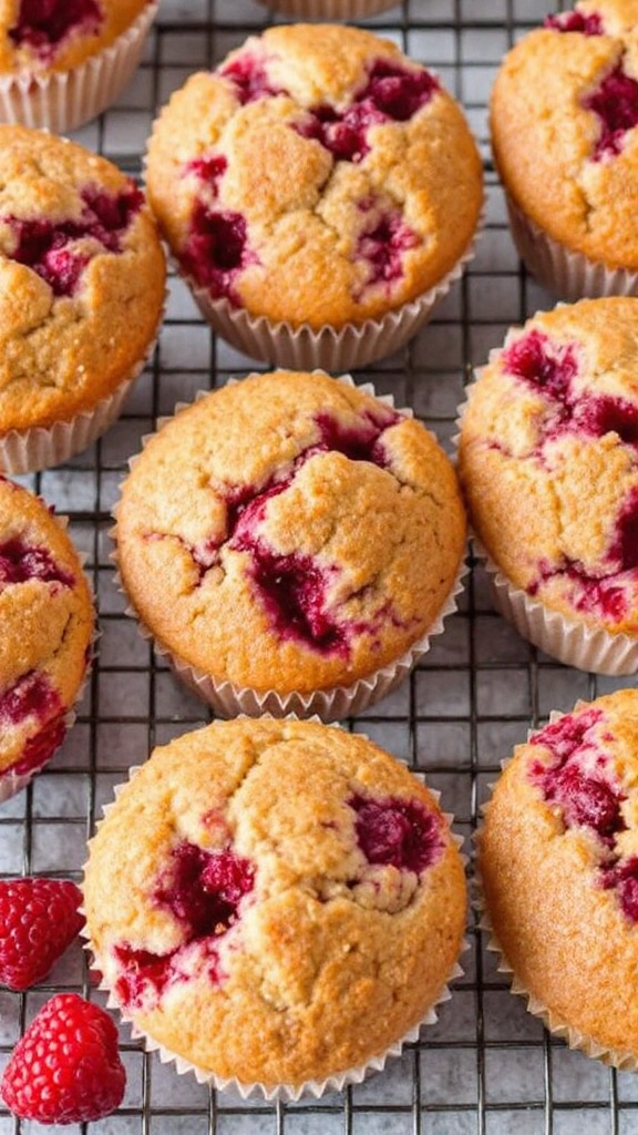 A tray of raspberry almond flour muffins cooling on a wire rack with fresh raspberries beside them.