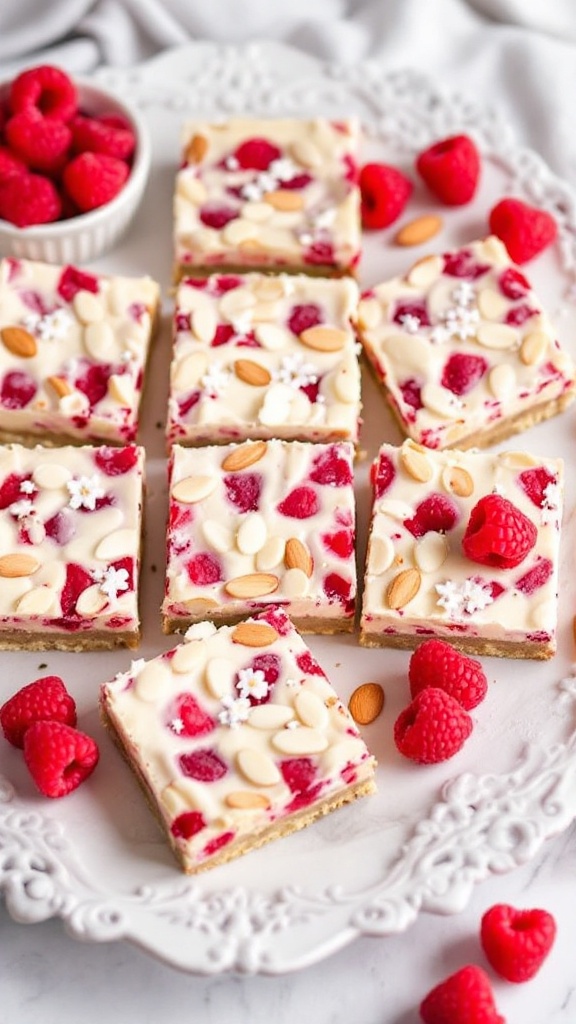 Raspberry Almond Joy Bars displayed on a decorative plate with fresh raspberries and almonds.