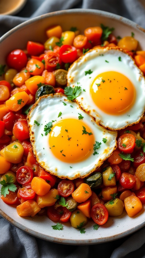 A bowl of ratatouille topped with two sunny-side-up eggs and fresh herbs.