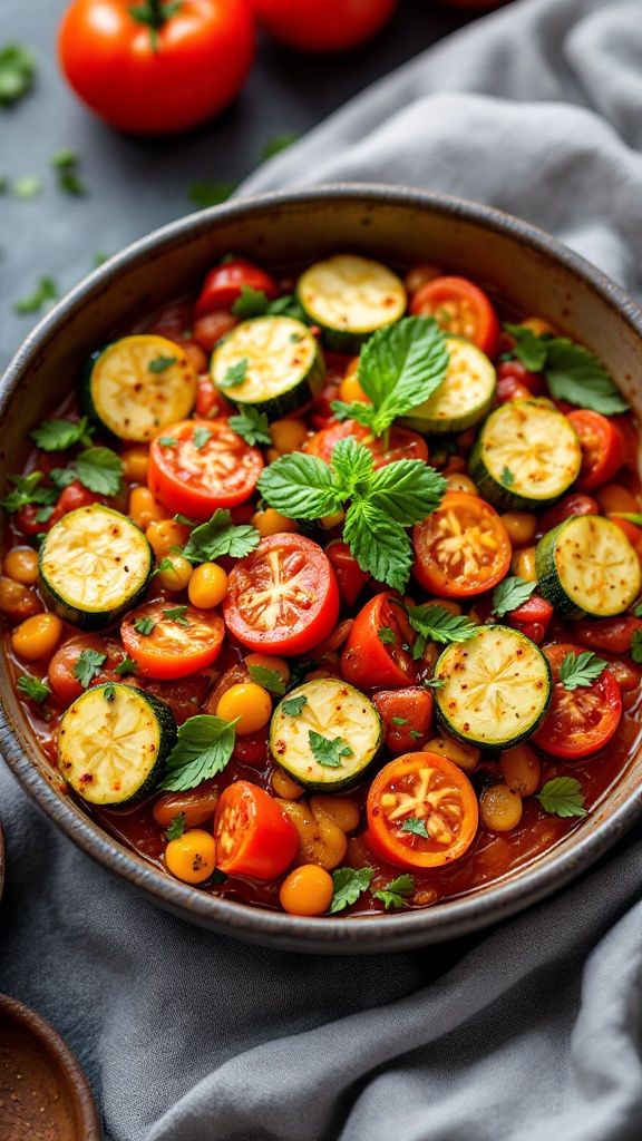 A colorful bowl of ratatouille featuring sliced zucchini, cherry tomatoes, and garnished with fresh herbs.