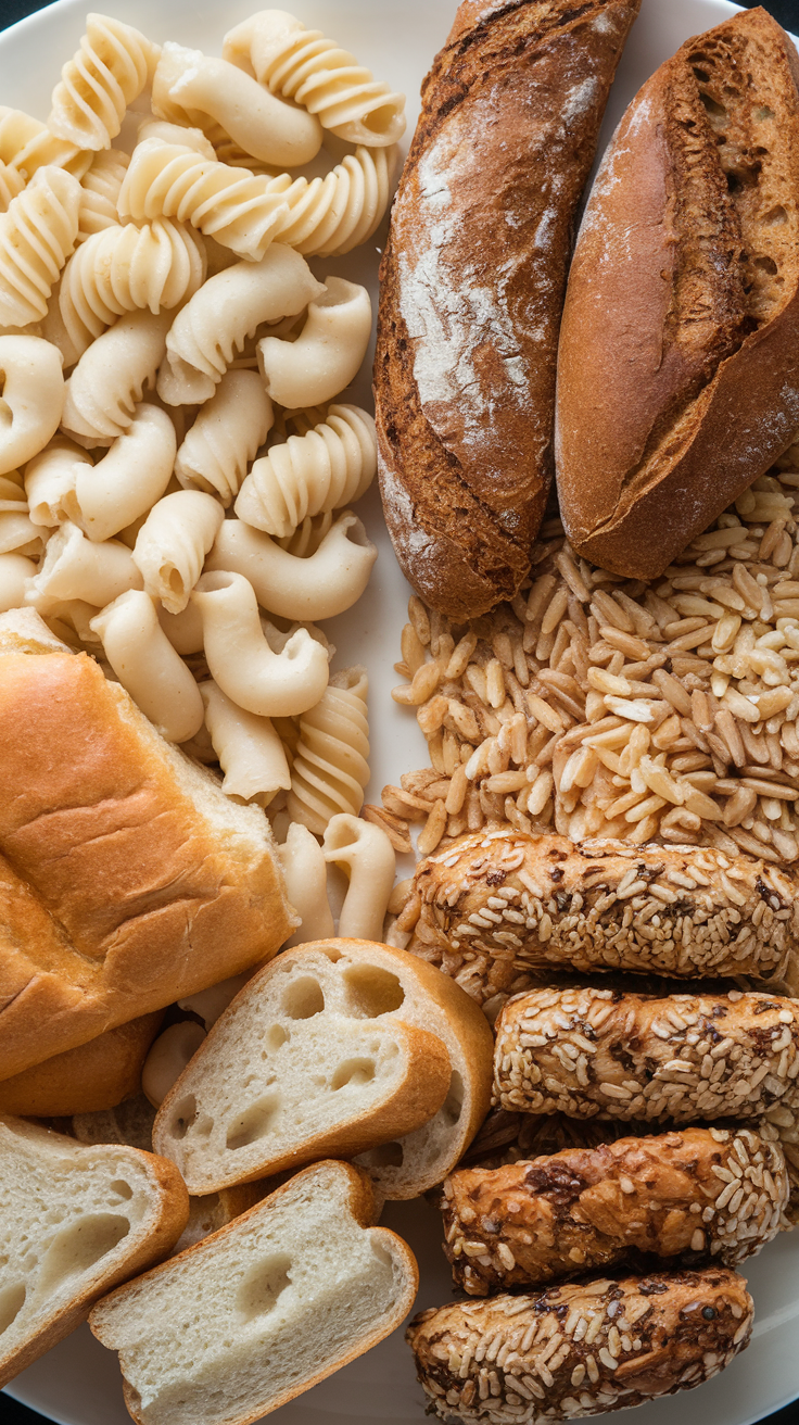 A variety of refined carbs including pasta, bread, and baked goods on a plate.