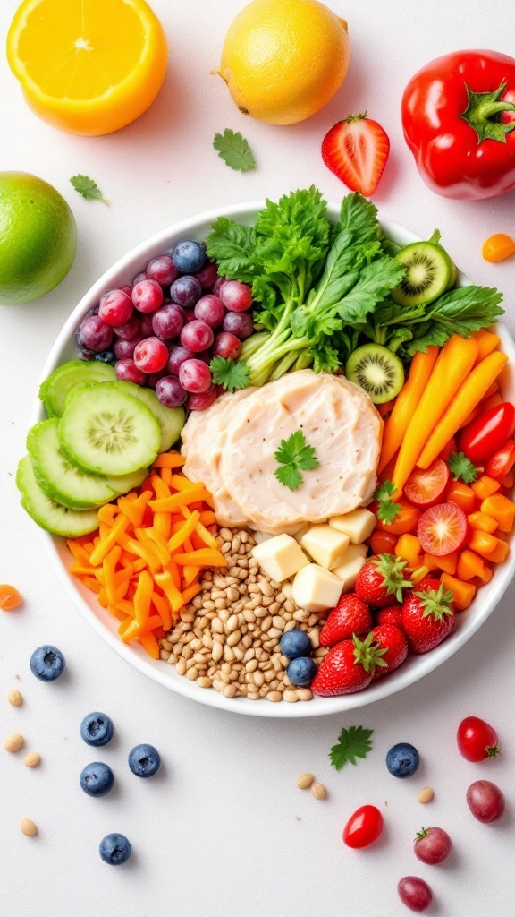 A colorful plate filled with various fresh fruits and vegetables, including grapes, strawberries, cucumbers, and carrots.