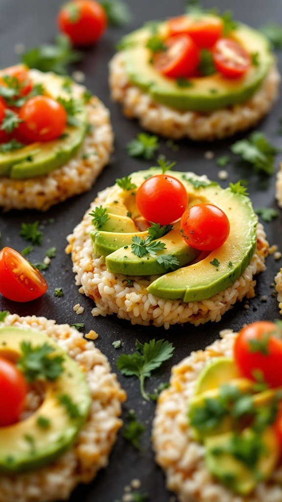 Rice cakes topped with avocado slices and cherry tomatoes, garnished with fresh herbs