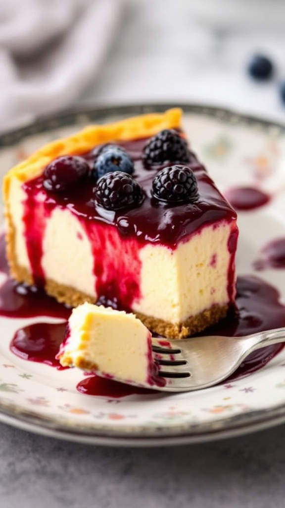 Slice of rich keto cheesecake topped with berry sauce and fresh berries on a plate.