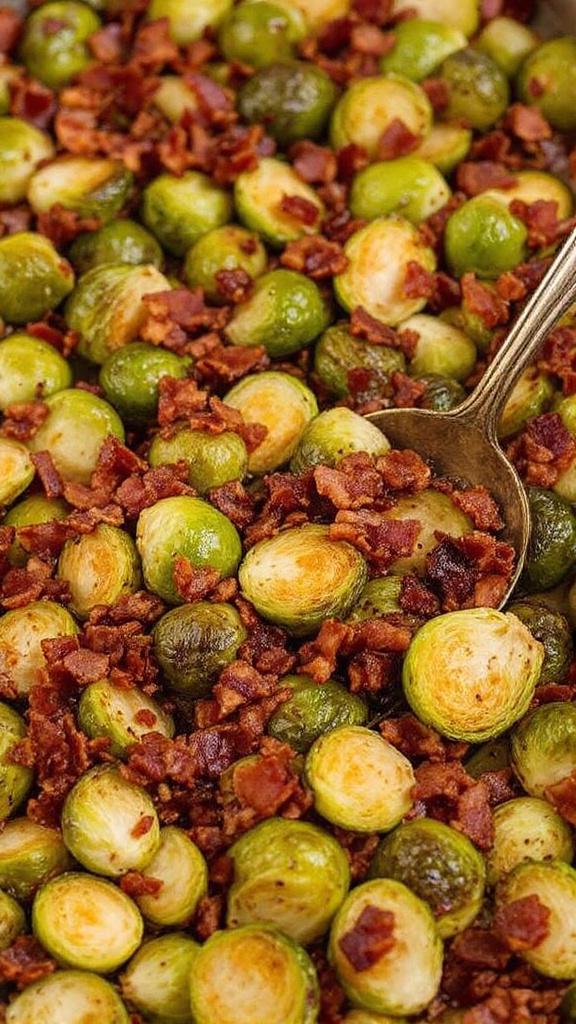 A close-up of roasted Brussels sprouts mixed with crispy bacon bits.