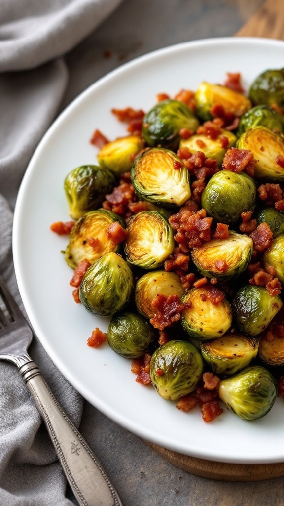 A plate of roasted Brussels sprouts with crispy bacon pieces.