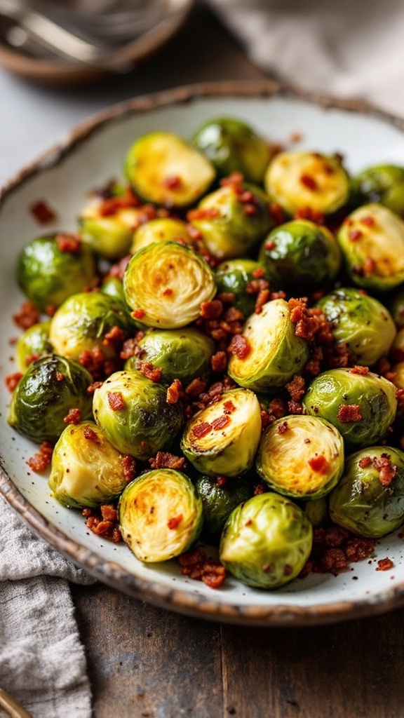 A plate of roasted Brussels sprouts with crispy bacon bits.