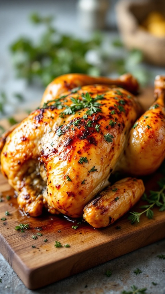 A beautifully roasted chicken with herbs on a wooden cutting board.