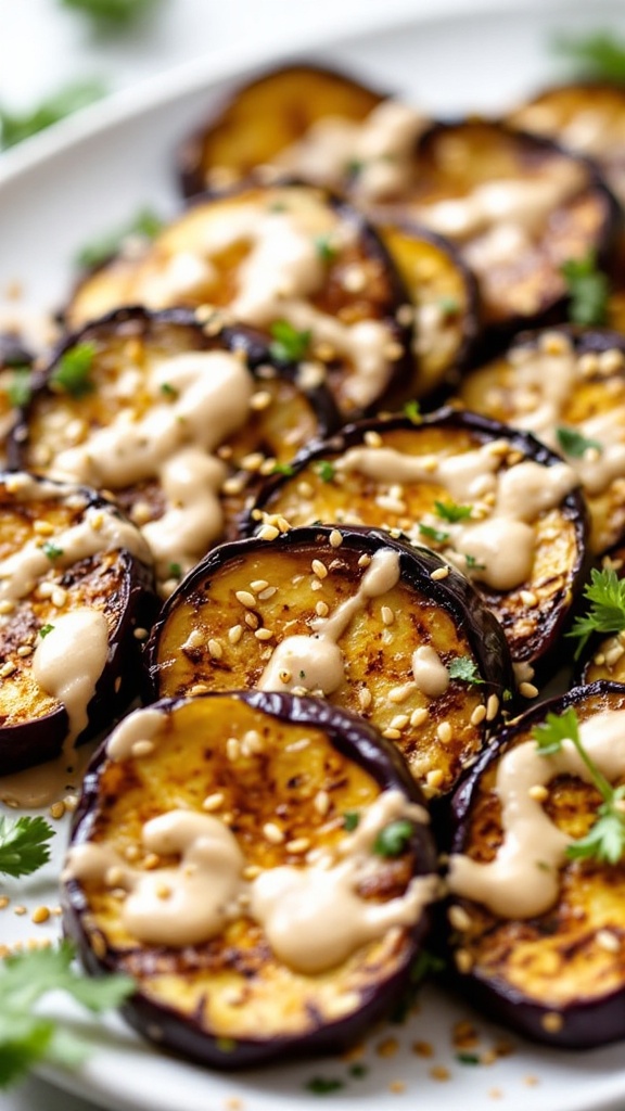 Sliced roasted eggplant drizzled with tahini sauce, garnished with sesame seeds and fresh herbs.