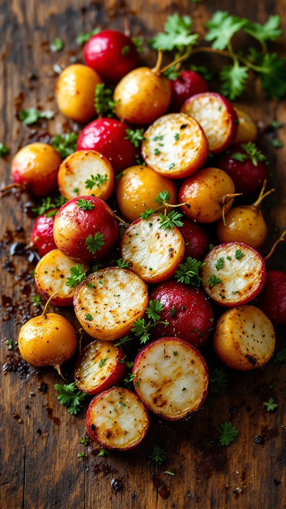 A colorful pile of roasted radishes topped with fresh herbs on a wooden surface.