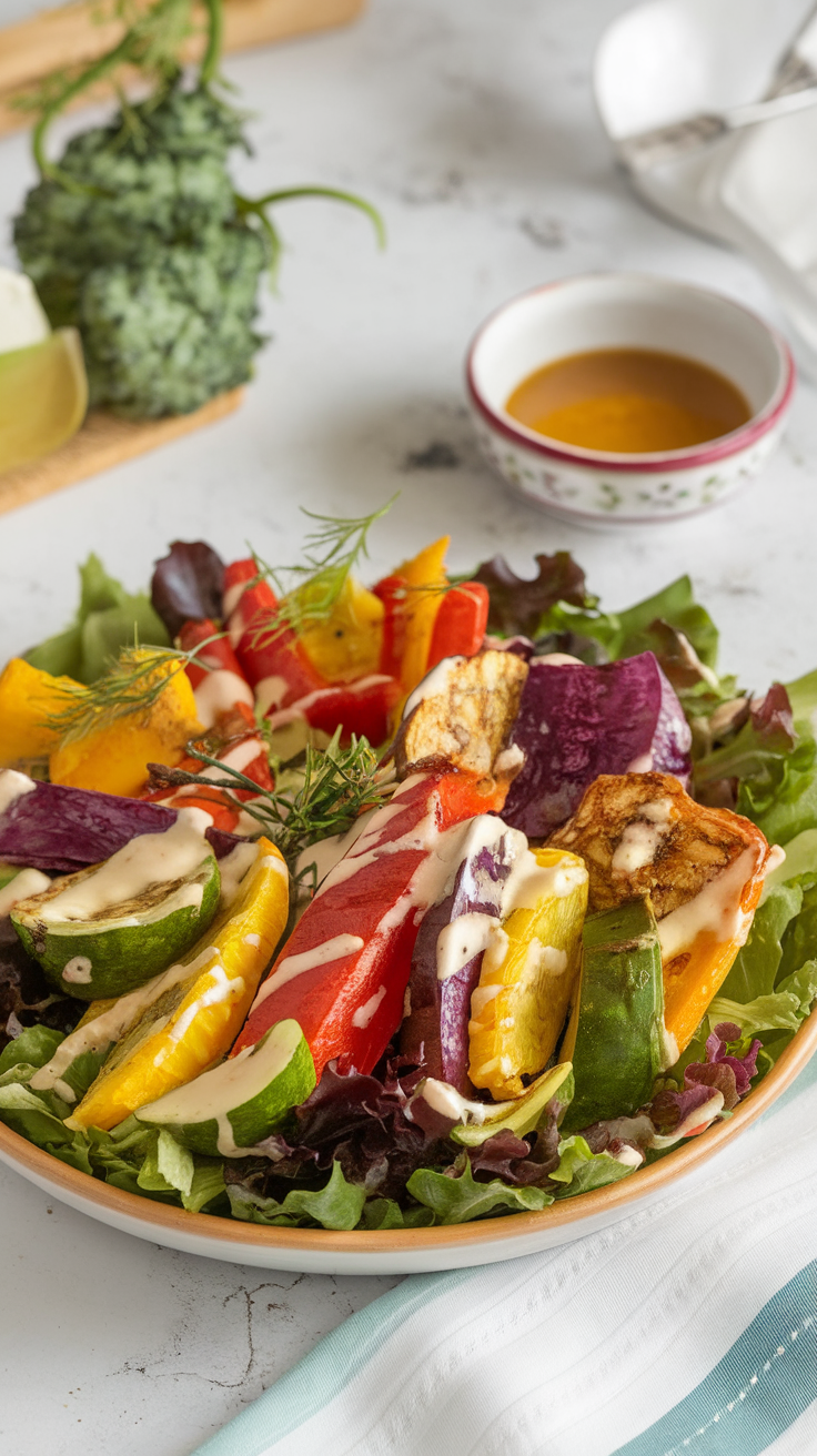 A colorful roasted vegetable salad featuring a variety of grilled vegetables on a bed of greens, drizzled with creamy dressing.