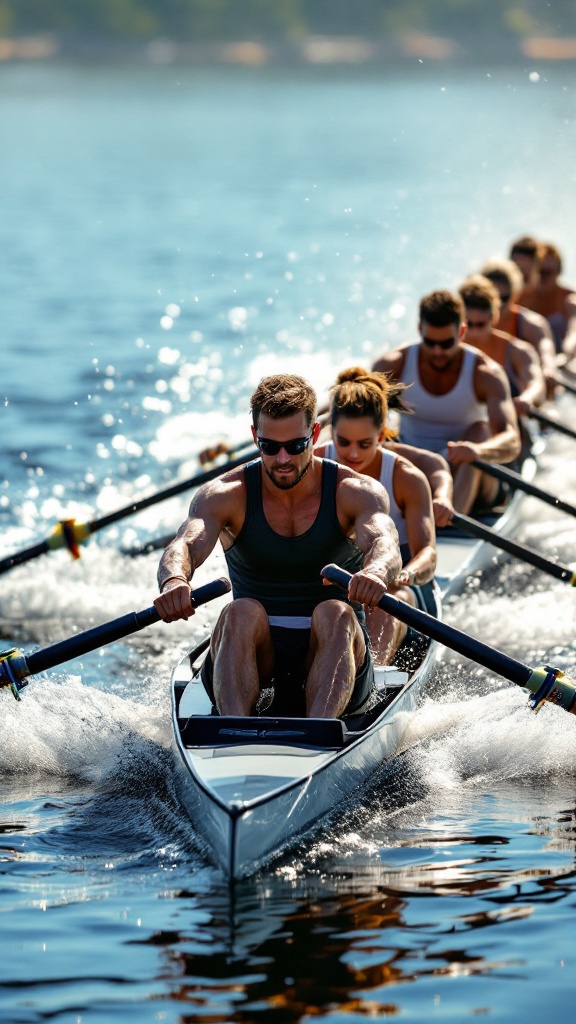 A group of rowers concentrated on their exercise on a calm water surface.