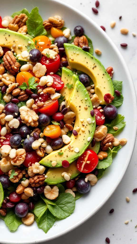 A colorful salad topped with sliced avocado, cherry tomatoes, nuts, and mixed greens.