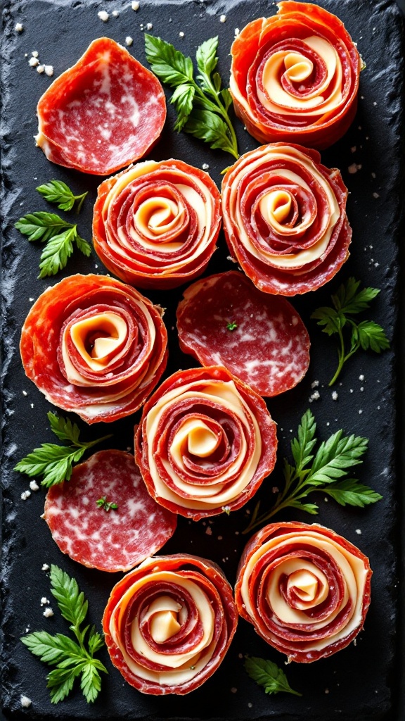 A close-up view of salami and cheese roll-ups arranged in a rose shape on a black platter.