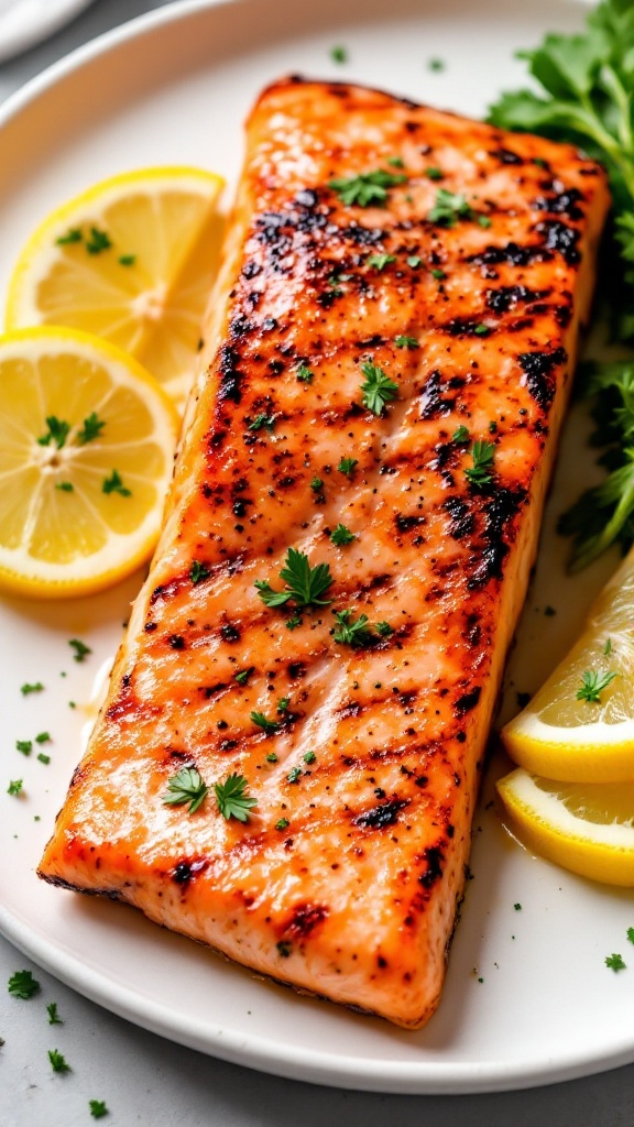 Grilled salmon fillet garnished with parsley and served with lemon slices.