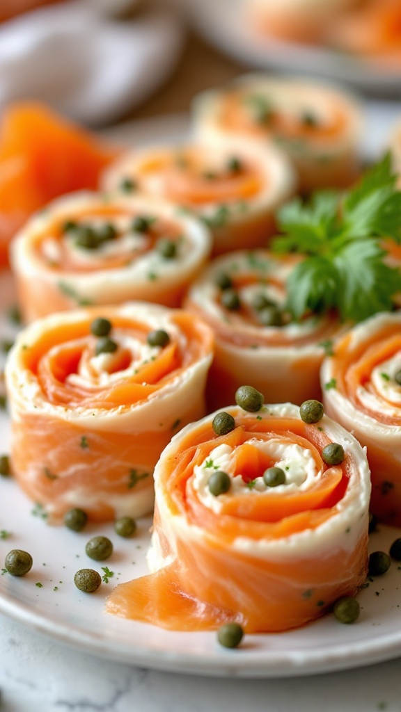 Plate of salmon and cream cheese roll-ups with capers and herbs