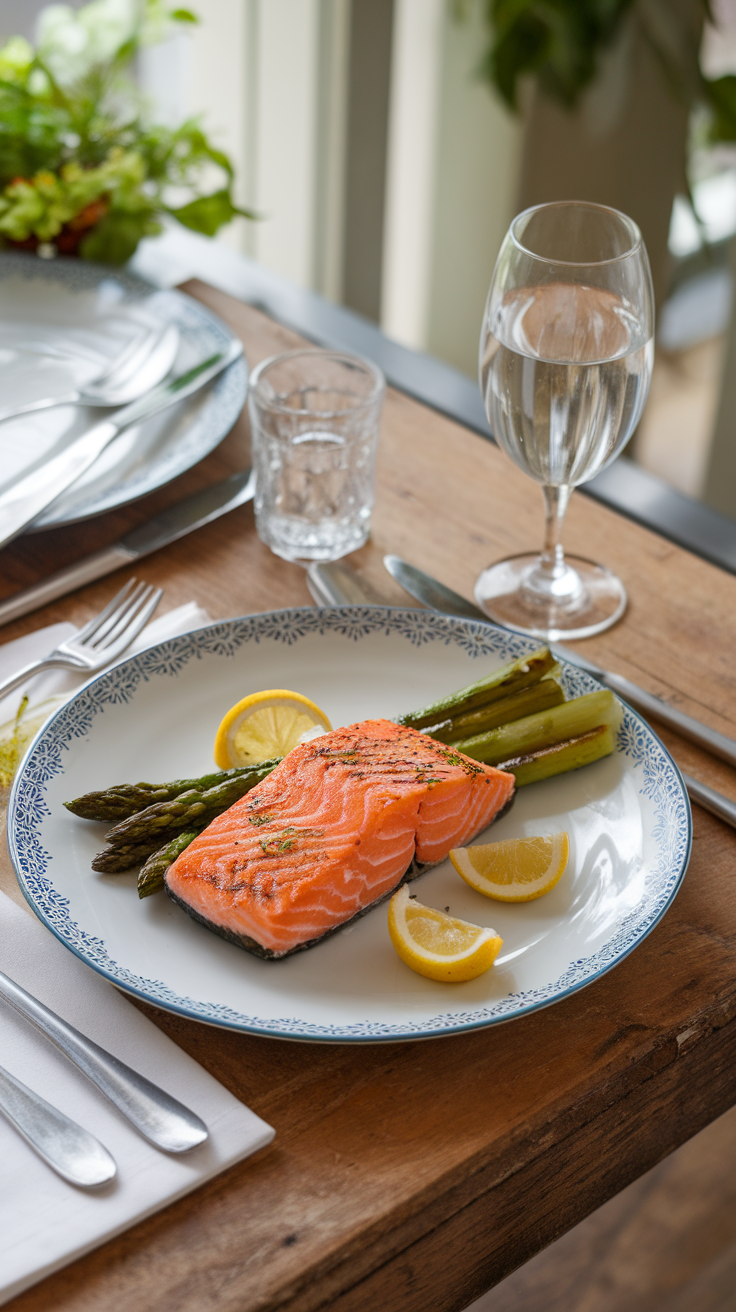 A plate of salmon fillet with asparagus and lemon slices on a wooden table