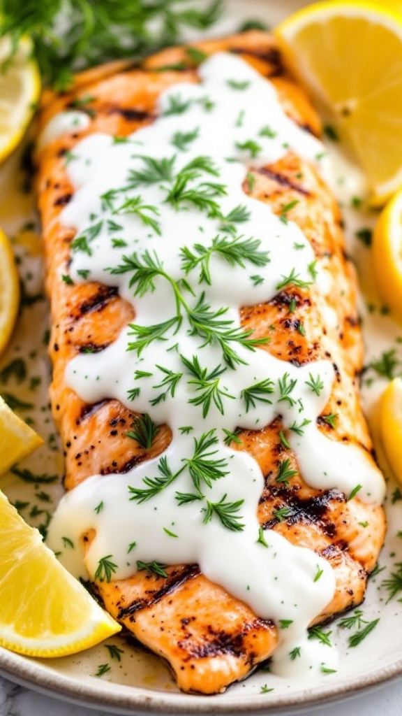 A grilled salmon fillet topped with creamy dill sauce and garnished with fresh dill, served with lemon wedges.