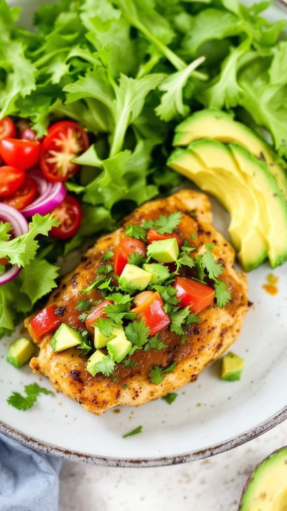 Plate of Salsa Verde Chicken with fresh salad and avocado slices.