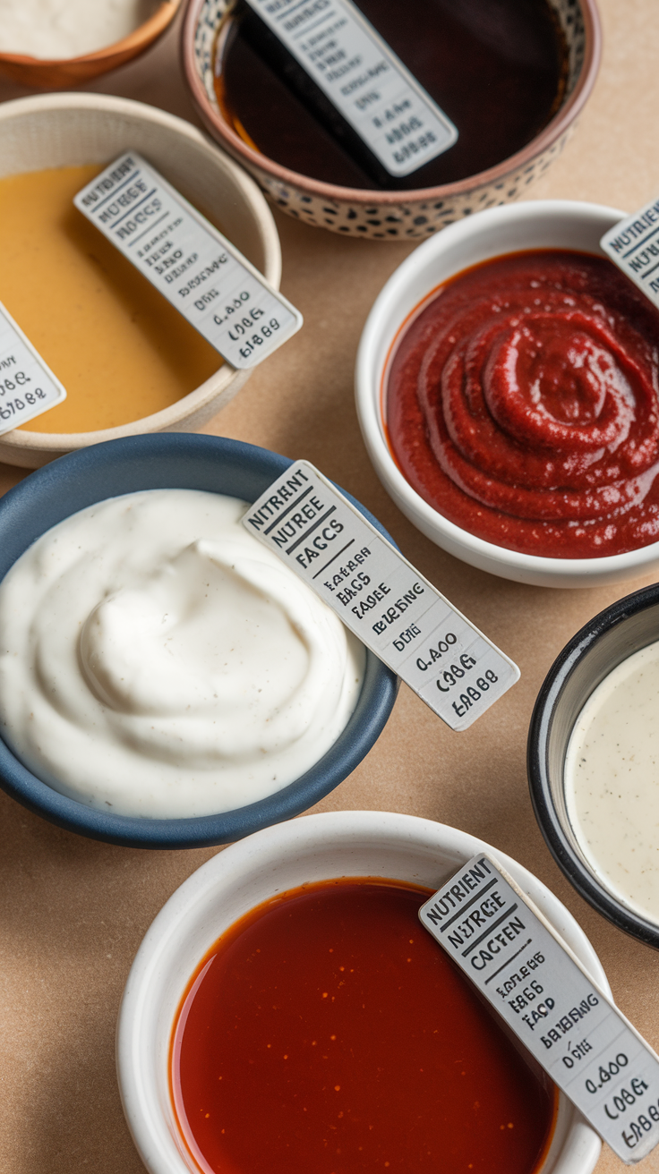 Various sauces and dressings in bowls, labeled with nutrient information.