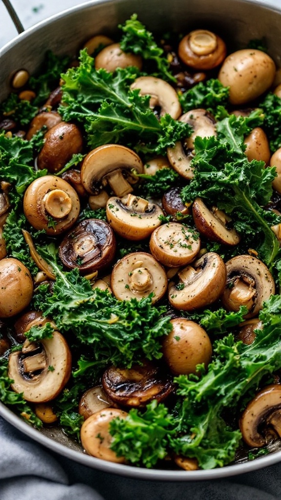 A pan filled with sautéed mushrooms and kale, showcasing a mix of earthy tones and vibrant greens.