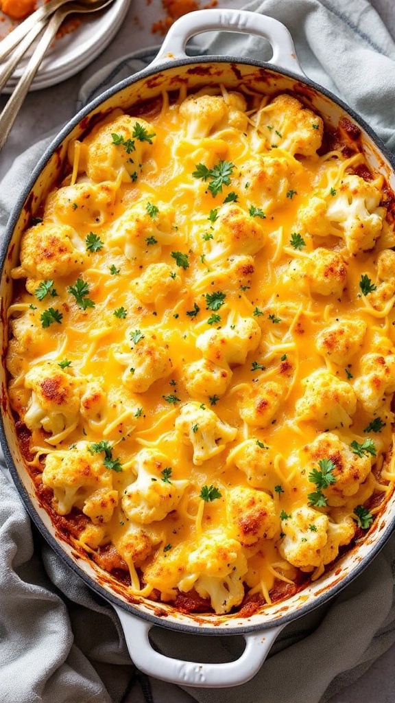 A cheesy cauliflower bake topped with melted cheddar cheese and parsley