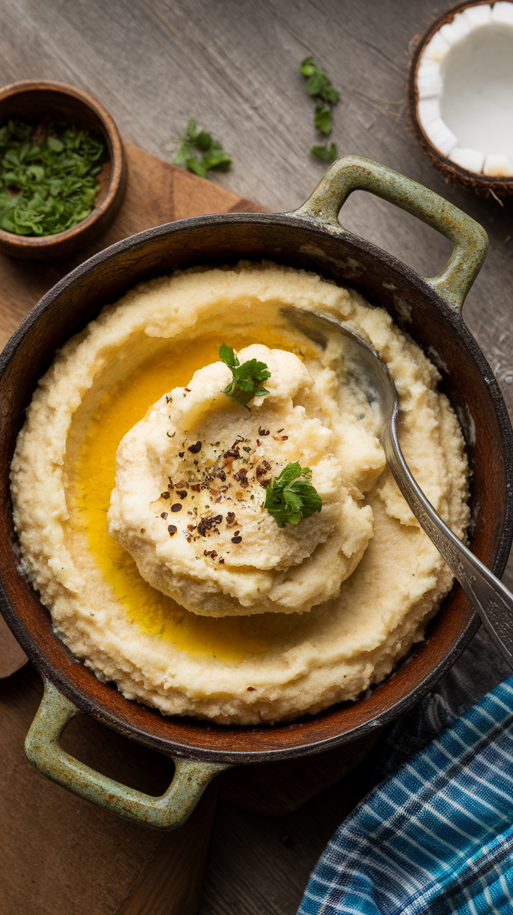 A bowl of creamy coconut cauliflower mash topped with olive oil and fresh herbs.