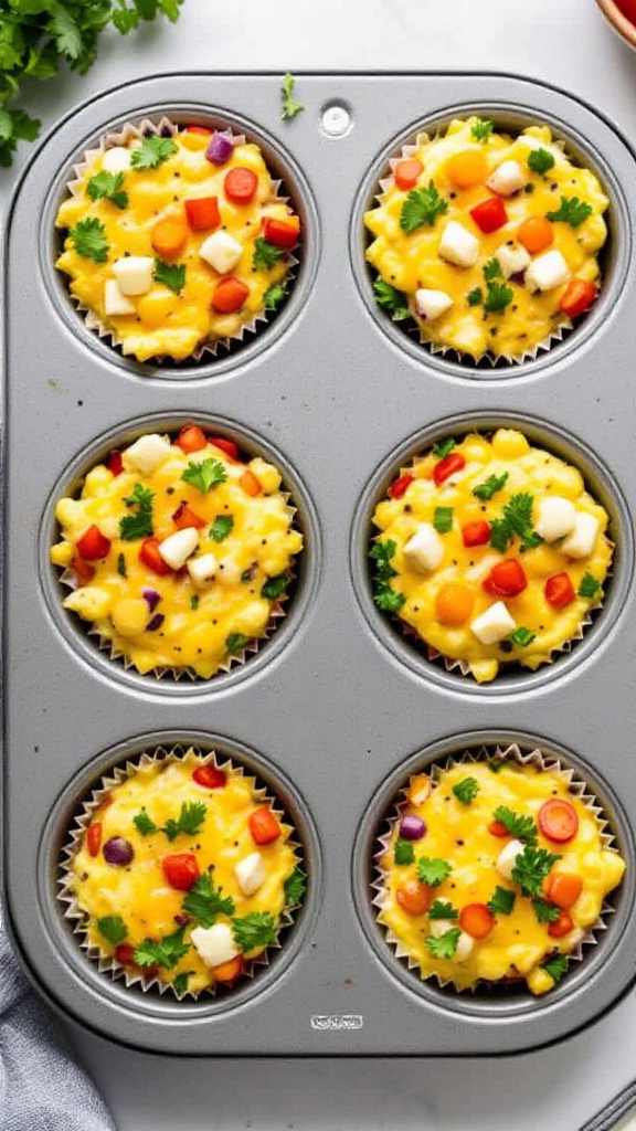 Savory egg muffins in a muffin tray topped with colorful vegetables and herbs.