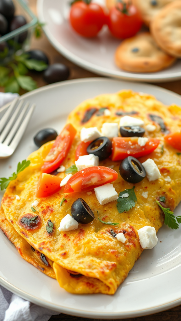 A plate of savory Greek omelette topped with olives, tomatoes, and feta cheese, served with side of fresh tomatoes.