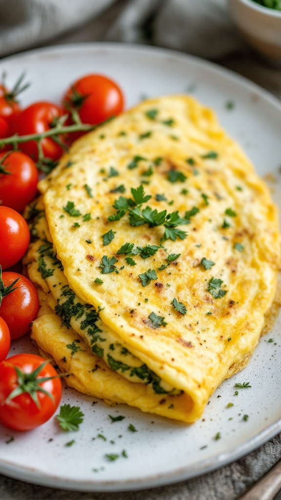 A savory herb omelette served with cherry tomatoes.