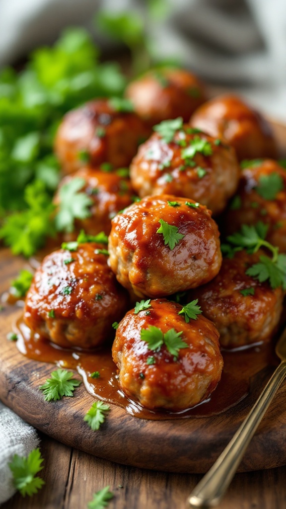 A plate of savory meatballs garnished with fresh herbs, glistening in a rich sauce.