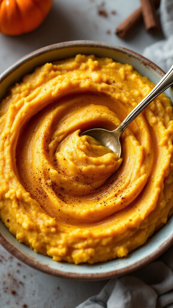 A creamy bowl of savory pumpkin mash with a swirl in the center, topped with a sprinkle of spices.