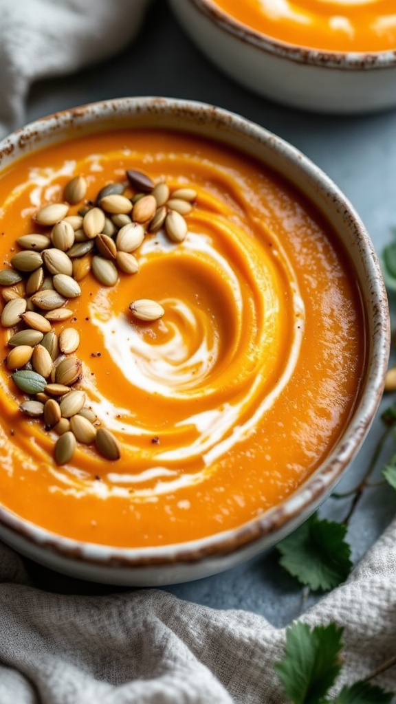 A bowl of creamy pumpkin soup topped with toasted pumpkin seeds, set against a neutral background.