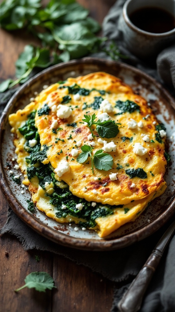 A delicious spinach and feta omelette served on a plate with fresh herbs.