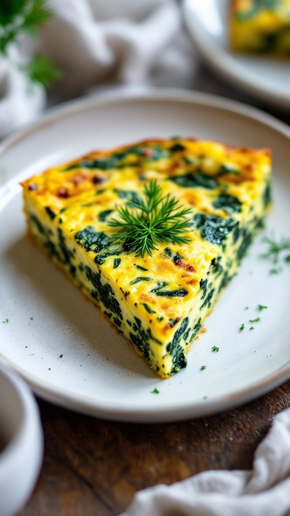 A slice of spinach frittata garnished with dill on a white plate