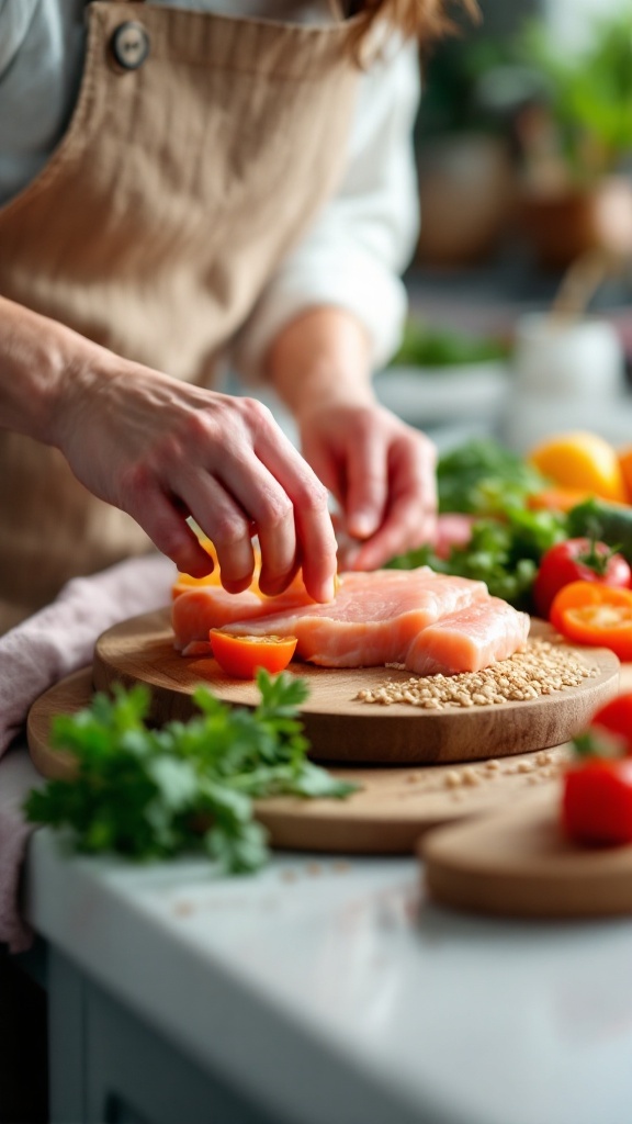 A person preparing chicken and vegetables on a wooden cutting board