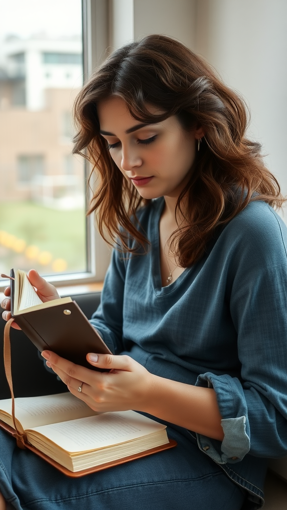 A young woman reading a book by a window, reflecting and engaging in self-care.