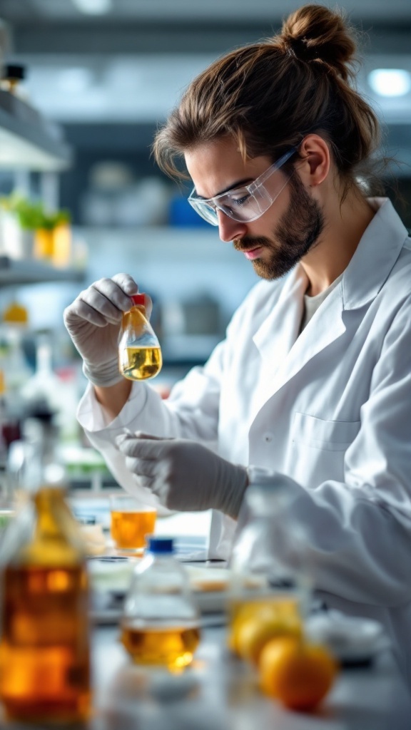 A scientist holding a bottle of liquid in a laboratory setting.