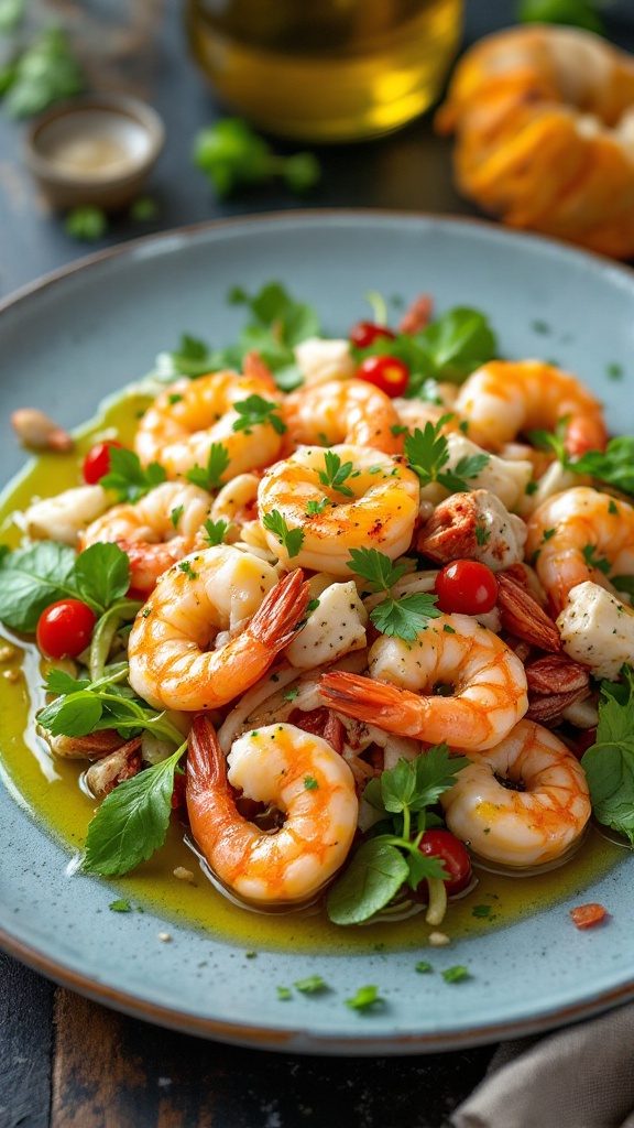 A seafood salad featuring shrimp, cherry tomatoes, and greens drizzled with olive oil on a blue plate.