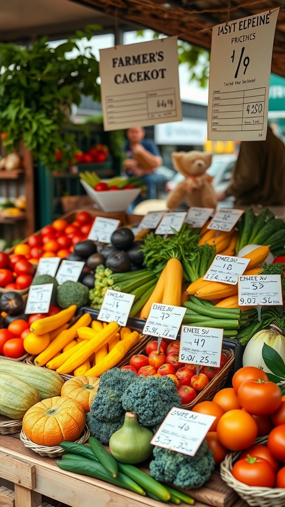 A farmer's market stall with a variety of fresh vegetables and fruits for sale.