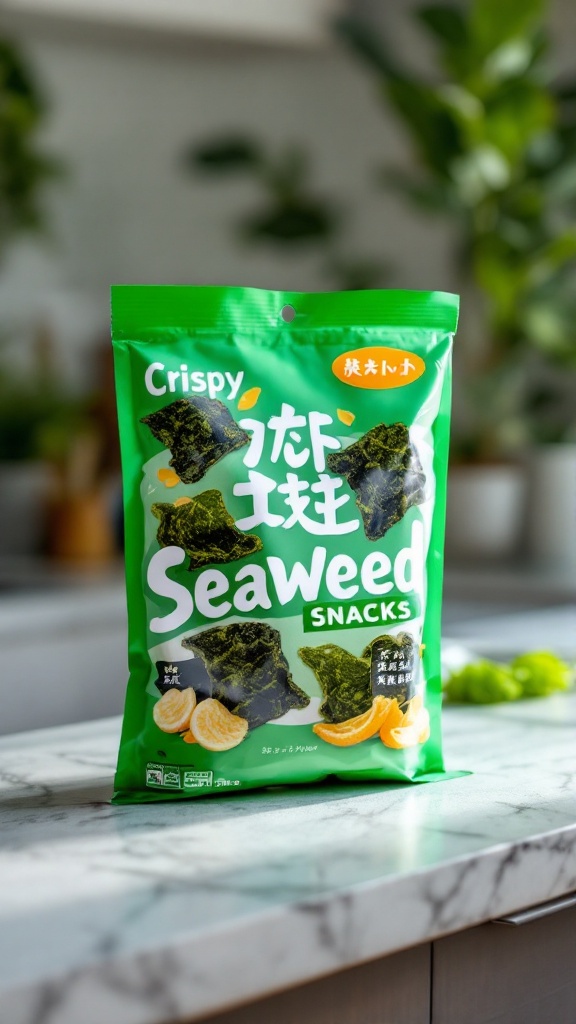 A colorful bag of Crispy Seaweed Snacks on a marble countertop.