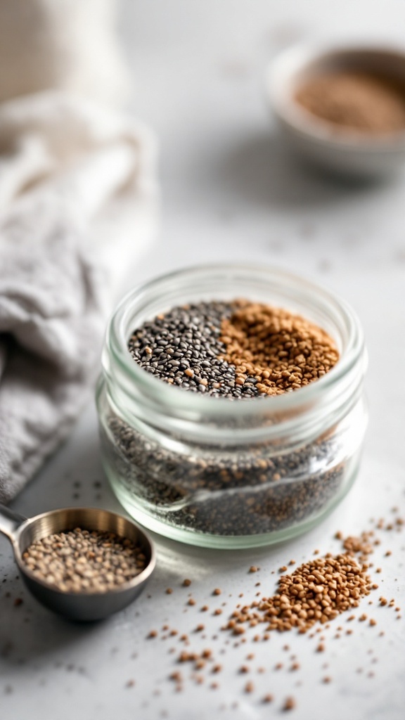 A jar filled with black chia seeds and golden flax seeds, with some seeds scattered around and a measuring spoon on the side.