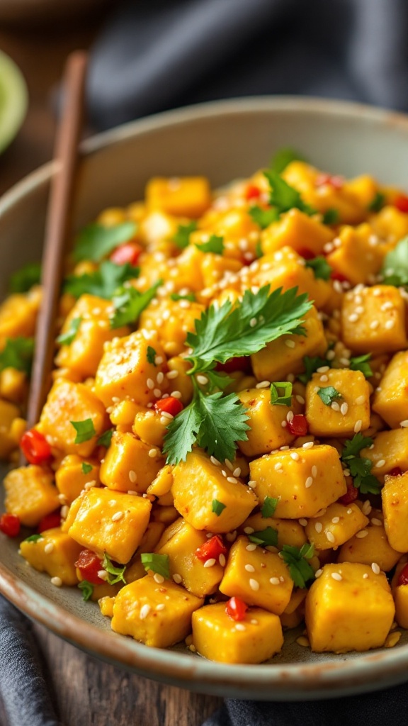 Bowl of sesame-crusted tofu scramble with red chilies and fresh cilantro