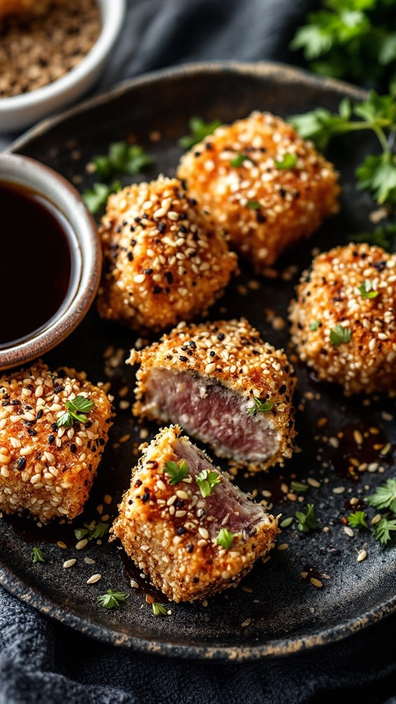 Plate of sesame-crusted tuna bites with a dipping sauce and fresh herbs.