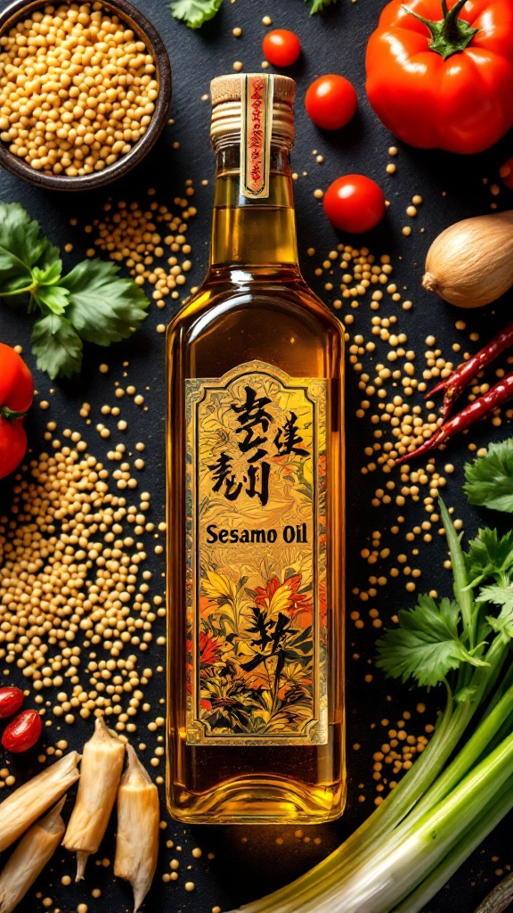 A bottle of sesame oil surrounded by fresh vegetables and spices, showcasing its vibrant colors and rich flavor.