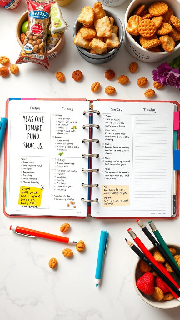 A colorful planner open to a weekly layout with motivational quotes, surrounded by orange snacks and a blue pen.