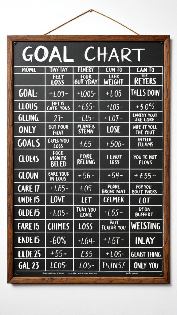 A chalkboard goal chart with various personal goals and metrics.