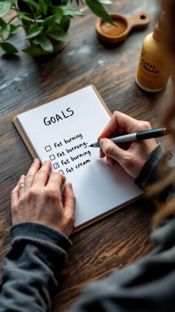 A person writing down goals with a pen on a notepad, focusing on fat burning and fat cream.